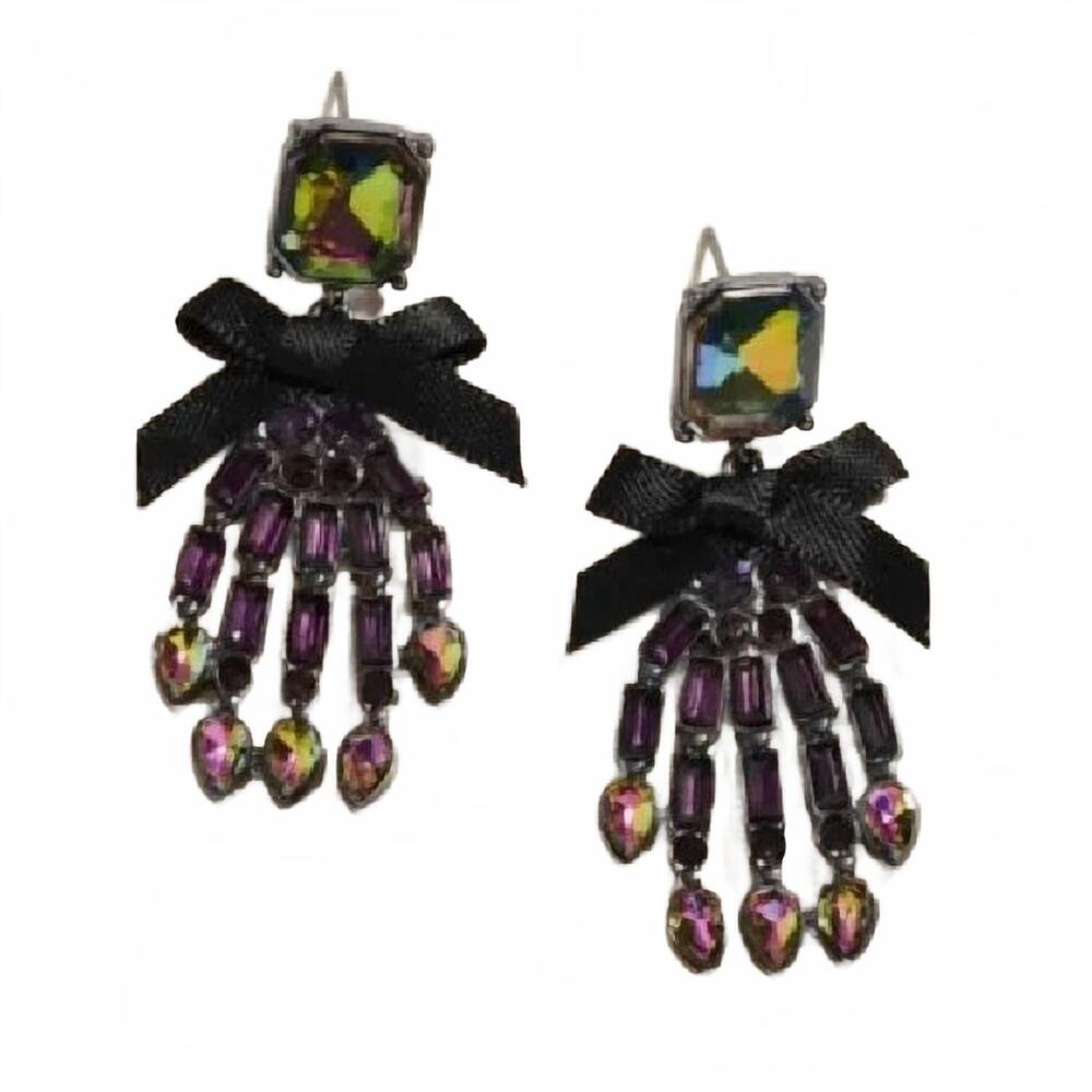 NEW SENSIBLING CORP women's rhinestone skeleton hand bow earrings in black